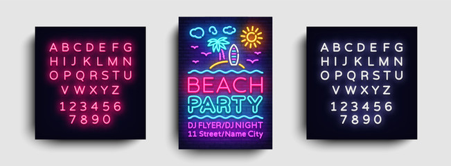 Beach party invitation card design template. Summer party poster in neon style, modern trend design, light banner, bright advertising party, neon typography. Vector. Editing text neon sign