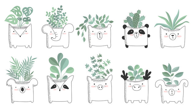 Vector set of cute posters with house plant in funny animal pot