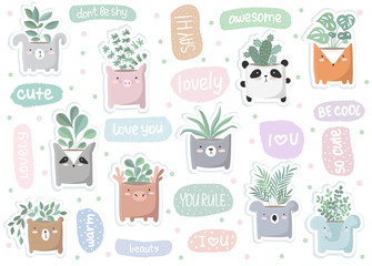 Vector set of cute stickers with house plant in funny animal pot