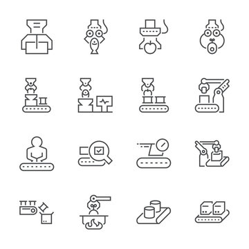 Food processing and production line icon set, 64x64 perfect pixel and editable stroke.