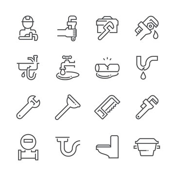 Plumber And Plumbing Tool Icon Set.