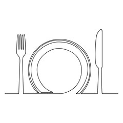 Empty plate and knife one line Vector Illustration
