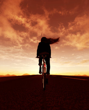 Girl riding bicycle in street outdoors at sunrise or sunset,3d illustration