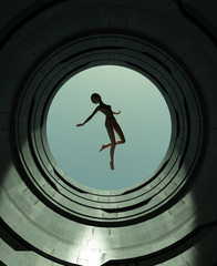 Girl floating above the open wall of modern block,Fantasy scifi 3d illustration
