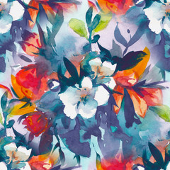 watercolour floral Seamless pattern, delicate flowers, yellow, blue and pink flowers