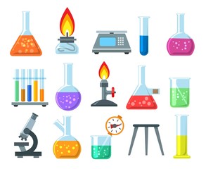 Beakers and burners. Vector beaker and burner set isolated on white background, chemical laboratory glassware
