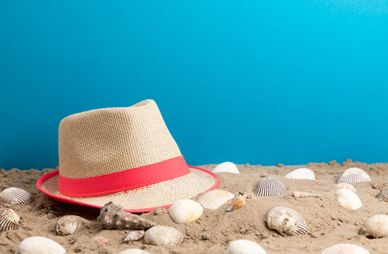 strand hat with shellfish and blue background