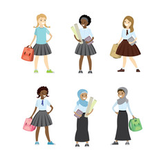 Set of schoolgirls of different nations,isolated on white background