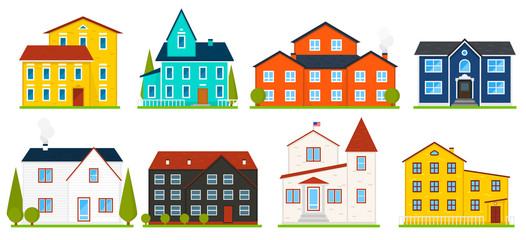 Fototapeta premium Little cute house or apartments. Family american townhouse. Neighborhood with cozy homes. Traditional Modern cottage for infographics or application interface. Building vector illustration. Flat style