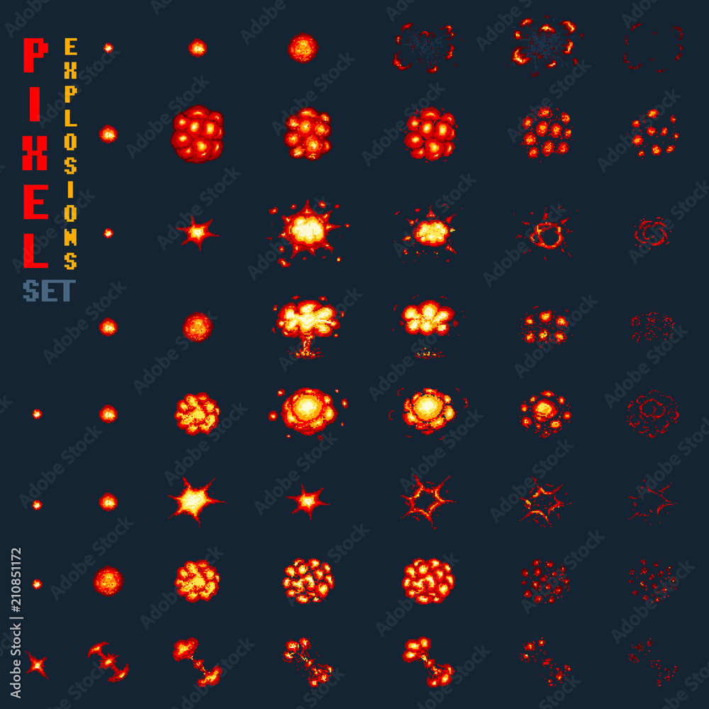 Fototapete pixel art explosions. game icons set. comic boom flame effects for emotion. 8-bit vector. bang burst
