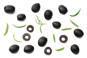 Marinated black olives with rosemary isolated on white background. top view