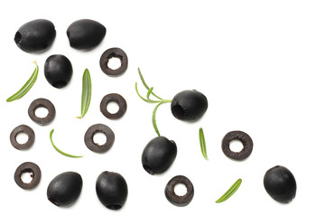 Marinated black olives with rosemary isolated on white background. top view