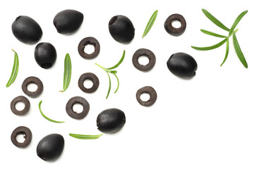 Marinated black olives with rosemary isolated on white background. top view
