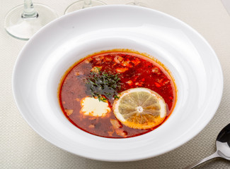 Traditional Russian soup solyanka closeup in a bowl