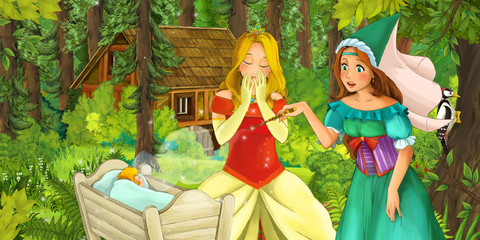 cartoon scene with many medieval women and princess in the forest and a child in bed - illustration for children