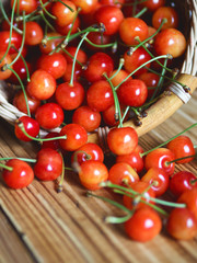 Ripe sweet cherry in a basket on the table