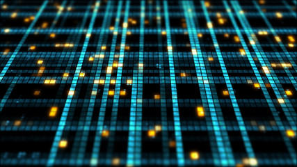 3d render background made of random square forms with different brightness.  Digital technology background with depth of field. Square particles.