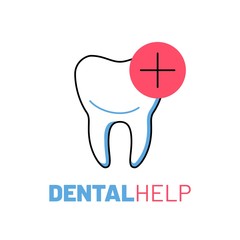 Professional dental help logo with tooth. Beautiful and healthy teeth concept. Dentistry hospital service. Stomatology assistance, oral hygiene and treatment vector illustration in line art style