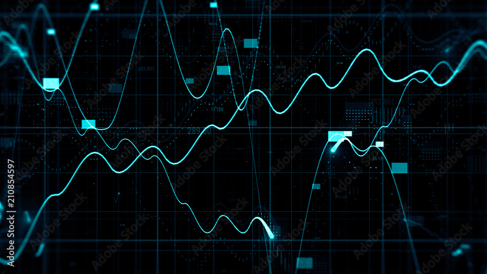 Poster 3d render finance background with depth of field. few graphs and random digits among grids in space.