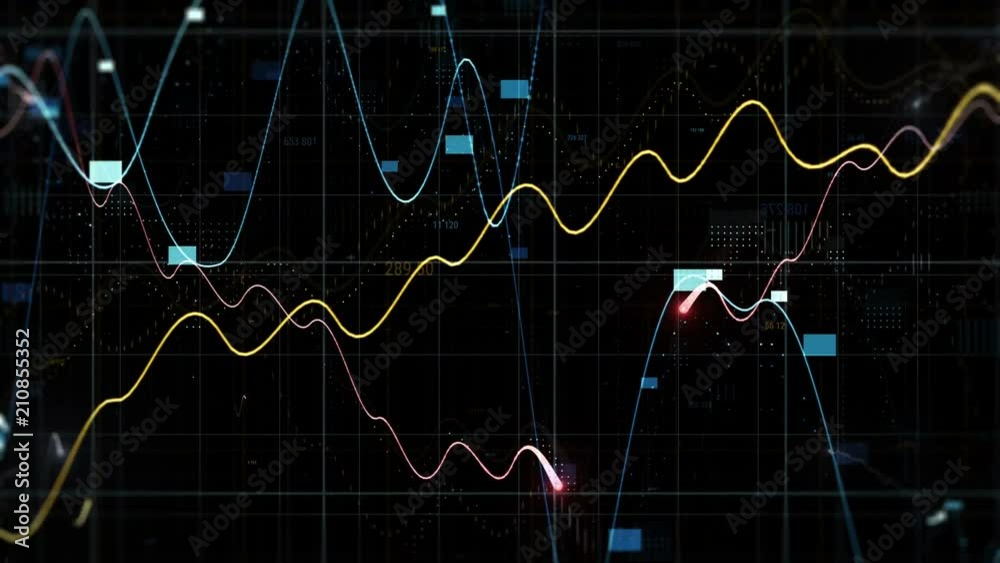 Poster 3d render finance background with depth of field. few graphs and random digits among grids in space.