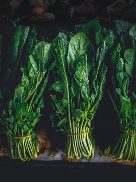 close-up shot of healthy tied green sorrel on table