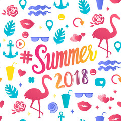 Vector seamless pattern Summer 2018 inscription with trend illustrations isolated on white background.