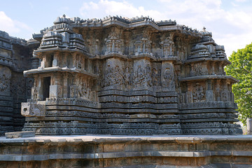 Facade and ornate wall panel relief, Hoysaleshwara temple, Halebidu, Karnataka. View from North West.