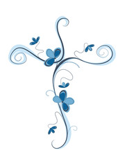 Isolated vector blue Christian cross with flowers. Religion sign