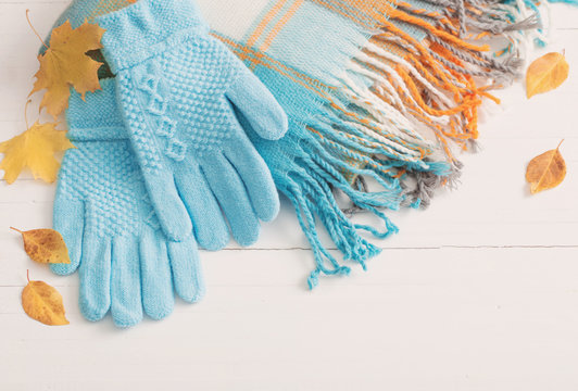 blue gloves and scarf on wooden white background © Maya Kruchancova
