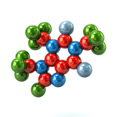 Structural model of colorful caffeine molecule 3d illustration on white background