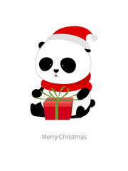 Vector Illustration: A cute cartoon giant panda with red scarf and red christmas hat is sitting on the ground opening a christmas present / gift wrapped with red present box and green ribbons.