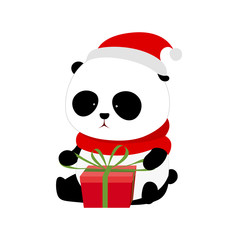 Vector Illustration: A cute cartoon giant panda with red scarf and red christmas hat is sitting on the ground opening a christmas present / gift wrapped with red present box and green ribbons.