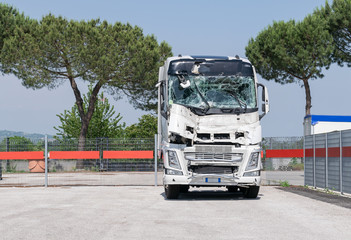 Fototapeta na wymiar broken truck. camion after the accident. lorry crashed windshield