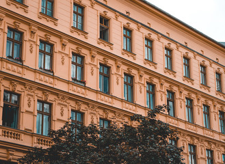 orange apartment complex with green tree