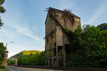 Thurmond West Virginia Coal Tower overgrown and delapitated.