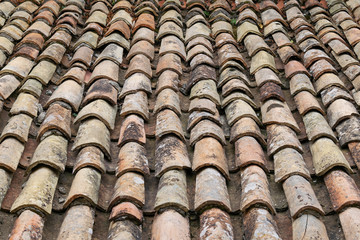 ancient red tiles roof. top view 