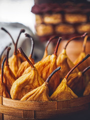 close-up shot of tasty dried pears in basket