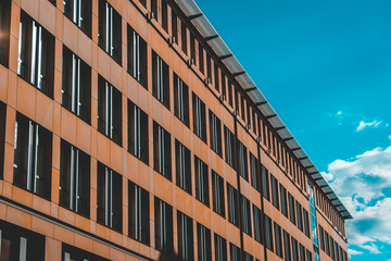 hard contrasted picture of office building with long window rows and orange facade
