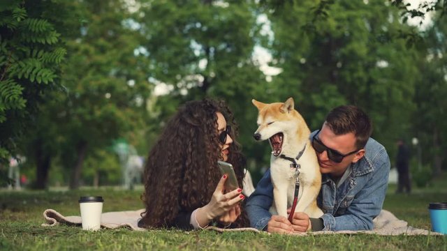 Young woman is showing funny pictures on smartphone to her boyfriend while relaxing in park with pet dog, people are lying on plaid on grass and watching screen.