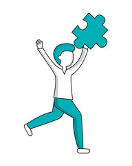 young man celebrating with puzzle piece isolated icon
