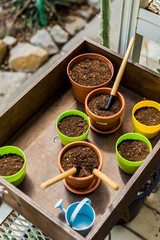 high angle view of box with flower pots, soil and gardening tools in greenhouse