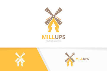 Vector mill and arrow up logo combination. Farm and growth symbol or icon. Unique windmill and upload logotype design template.