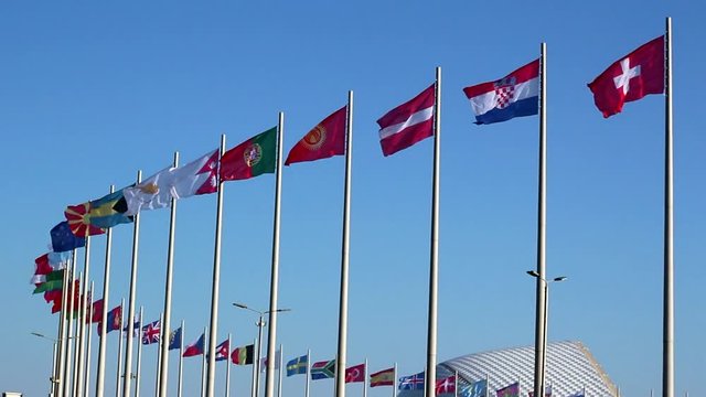 Flags near the stadium Fisht in Sochi