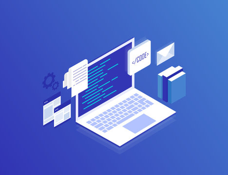 Web Development concept, programming and coding. Laptop with virtual screens on blue background. Modern isometric vector illustration