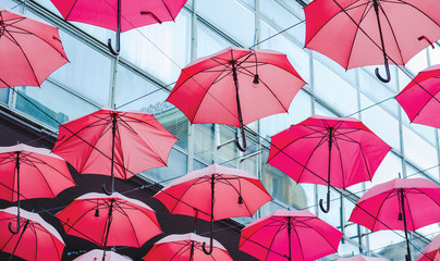 Umbrellas hanging between two buildings