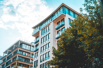 Obraz premium white and orange colored finance houses with green tree in the frontside