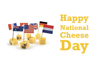 National Cheese Day illustration. Cheese cubes with flags. World Flag Toothpick images. Different types of flags. Flag decorations for party. American Cheese Day. Important day