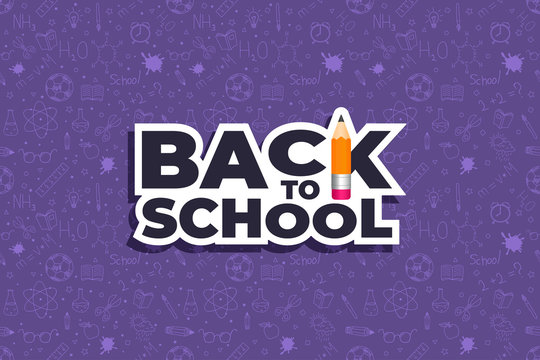 Back to school doodles background with logo. Back to school seamless pattern. Hand drawn objects. Vector illustration.