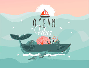Hand drawn vector abstract cartoon summer time graphic illustrations template background with blue ocean waves,big whale,corals,seaweed,sail,anchor,sundown and Ocean vibes typography quote text
