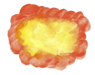 Yellow watercolor with orange edges hand-drawn isolated stain wash on white background for text, design. Abstract texture made by brush for wallpaper, label.